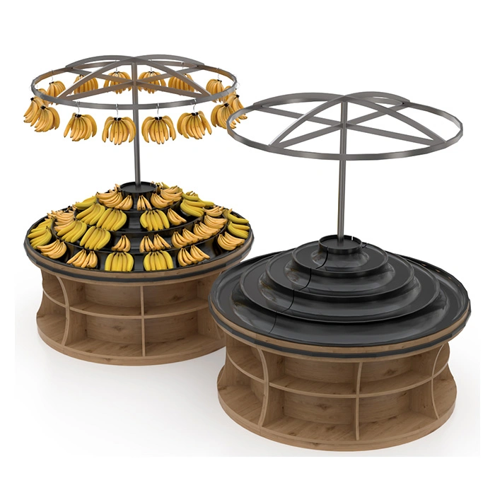 Four Step Riser Wooden Round Table Supermarket Fruit Display Rack