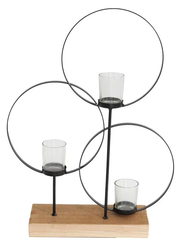 Black Iron Candle Houlder with Wooden Base