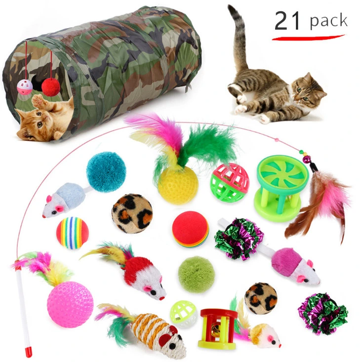 Cat Toys Kitten Toy Tunnel - 25PCS Indoor Interactive Toy Includes - Rainbow Tunnel Feather Teaser Fluffy Mouse Crinkle Balls Spring Toy Catnip Fish for Cats