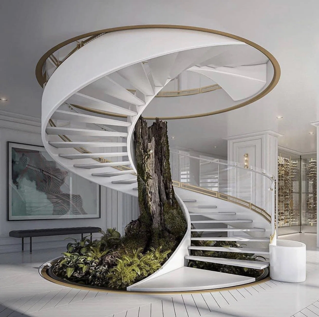 Contemporary House Interior White Marble Steel Customized Round Stairs