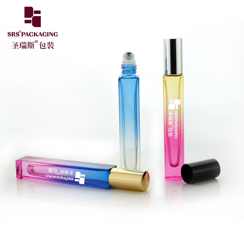 SRS Square Glass Ball 10ml Roll On Bottle Gradient Spraying Light Blue Rose Colored Roller bottle