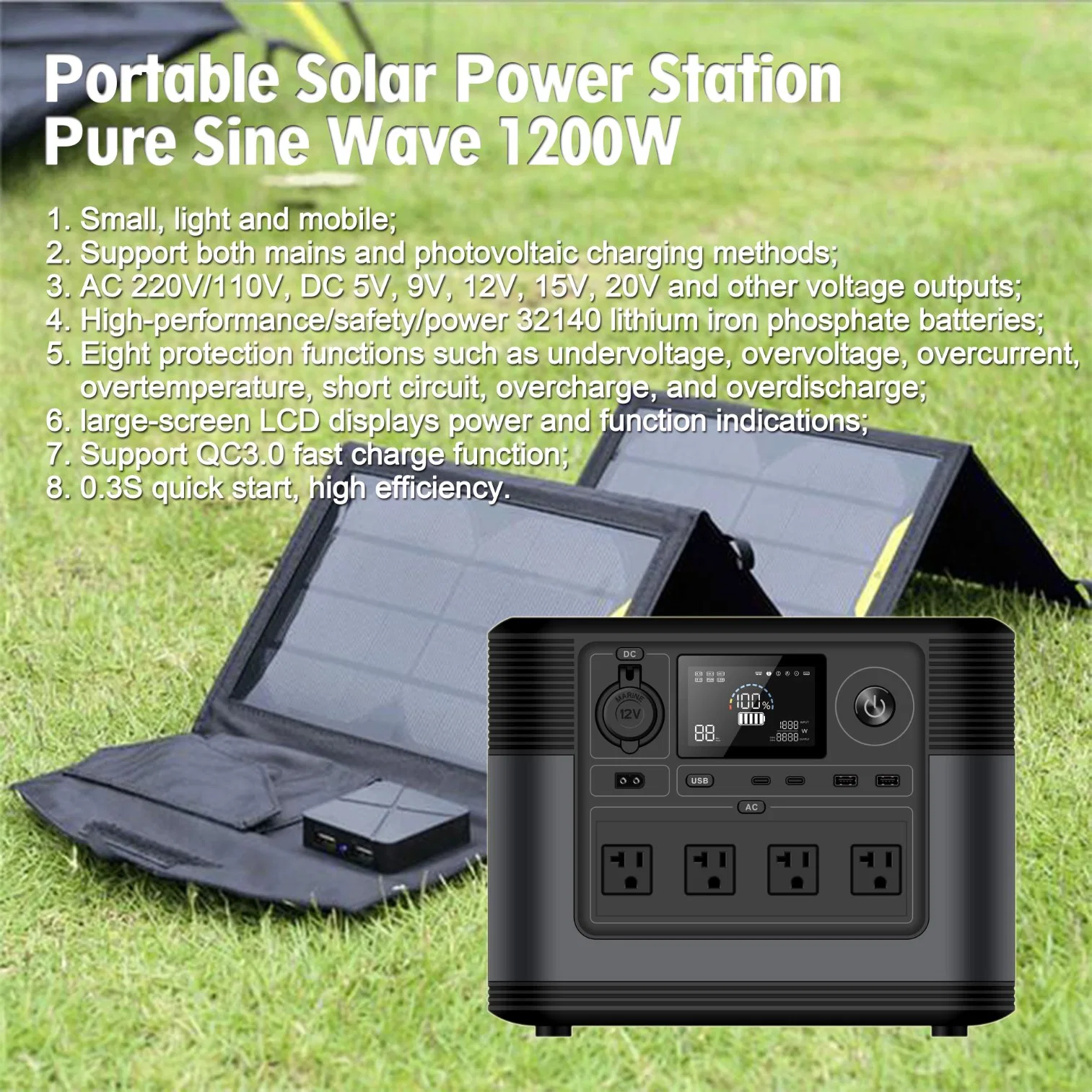 32140 Battery Packs Solar Energy Power Station Electricity Generator Energy Storage System Kit DC AC Solar Power Inverter 1200W