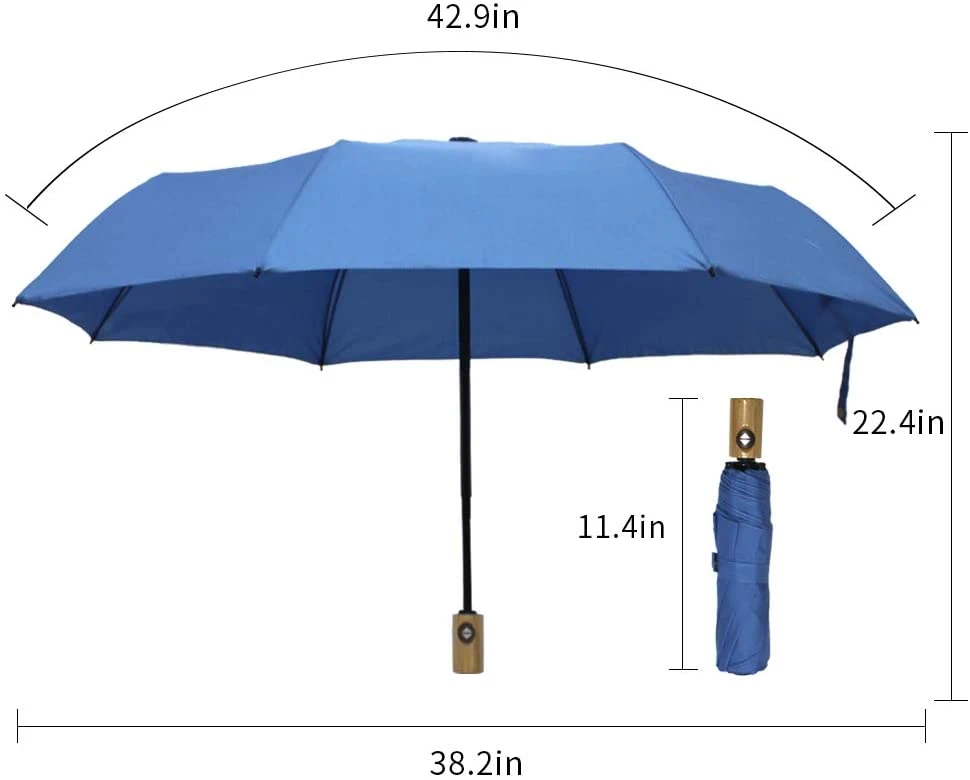 Skeleton Structure Umbrella Retractable Foldable Sun Protection Wind Resistant Travel Small Carry on Wooden Handle Umbrella