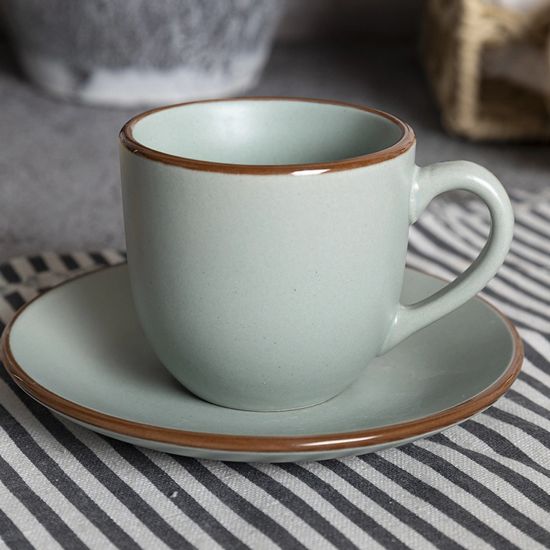 Light Green Stoneware Coffee Cup and Saucer Set with Underglaze Pad Printing with Brown Rim