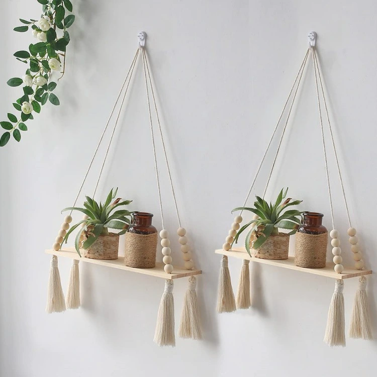 Estantes de pared de madera Macrame planta colgante estante con una borla