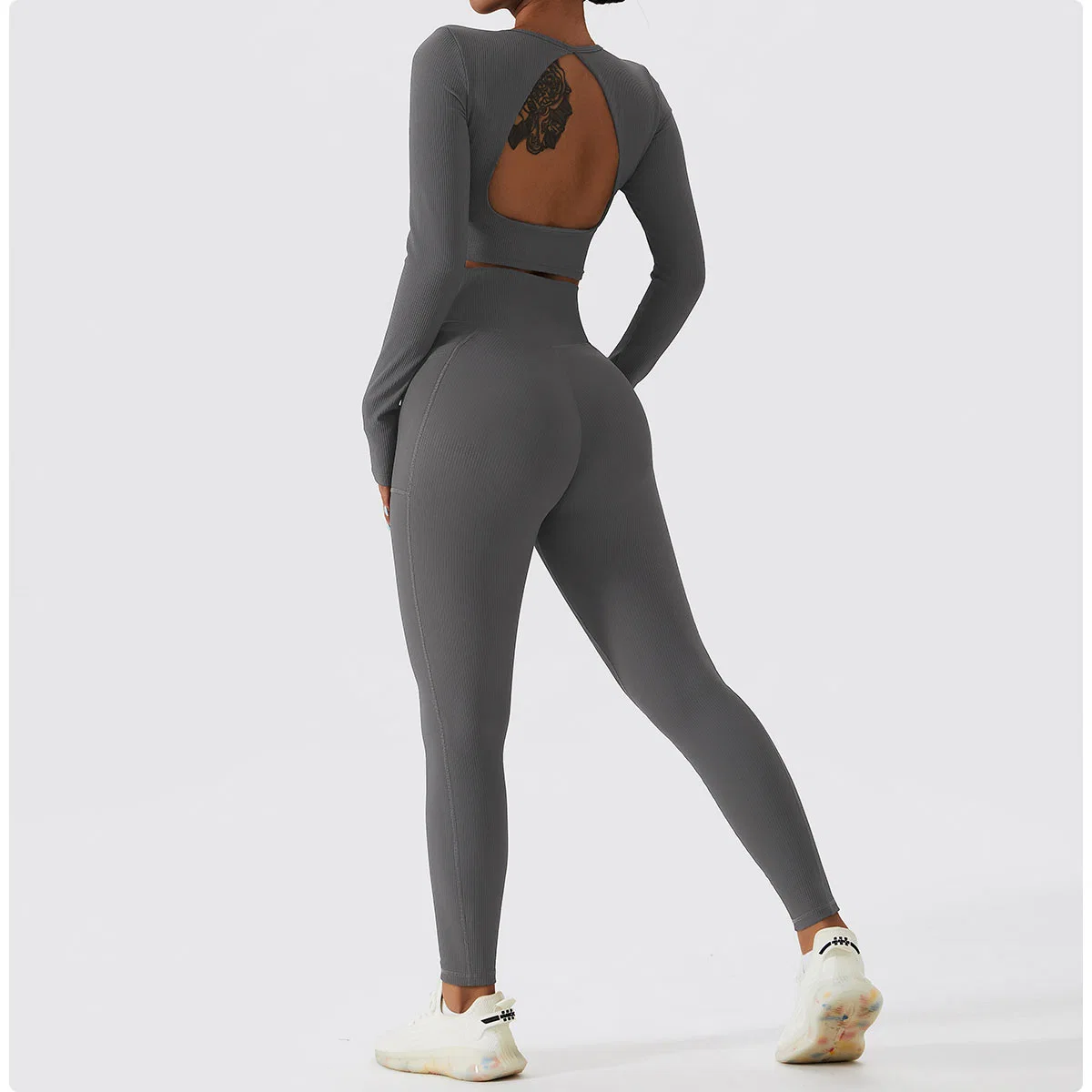 Vêtements de sport pour femmes ensembles de yoga poches ensemble d'entraînement sans couture 2 pièces Hauts d'exercice à manches longues et côtes leggings de yoga actif Costume