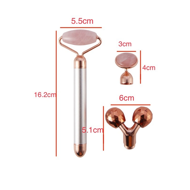 3 in 1 Electric Vibrating Jade Stone Roller Set with 3 Replaceable Heads Natural Rose Quartz Jade Face Lifting Massager Stick