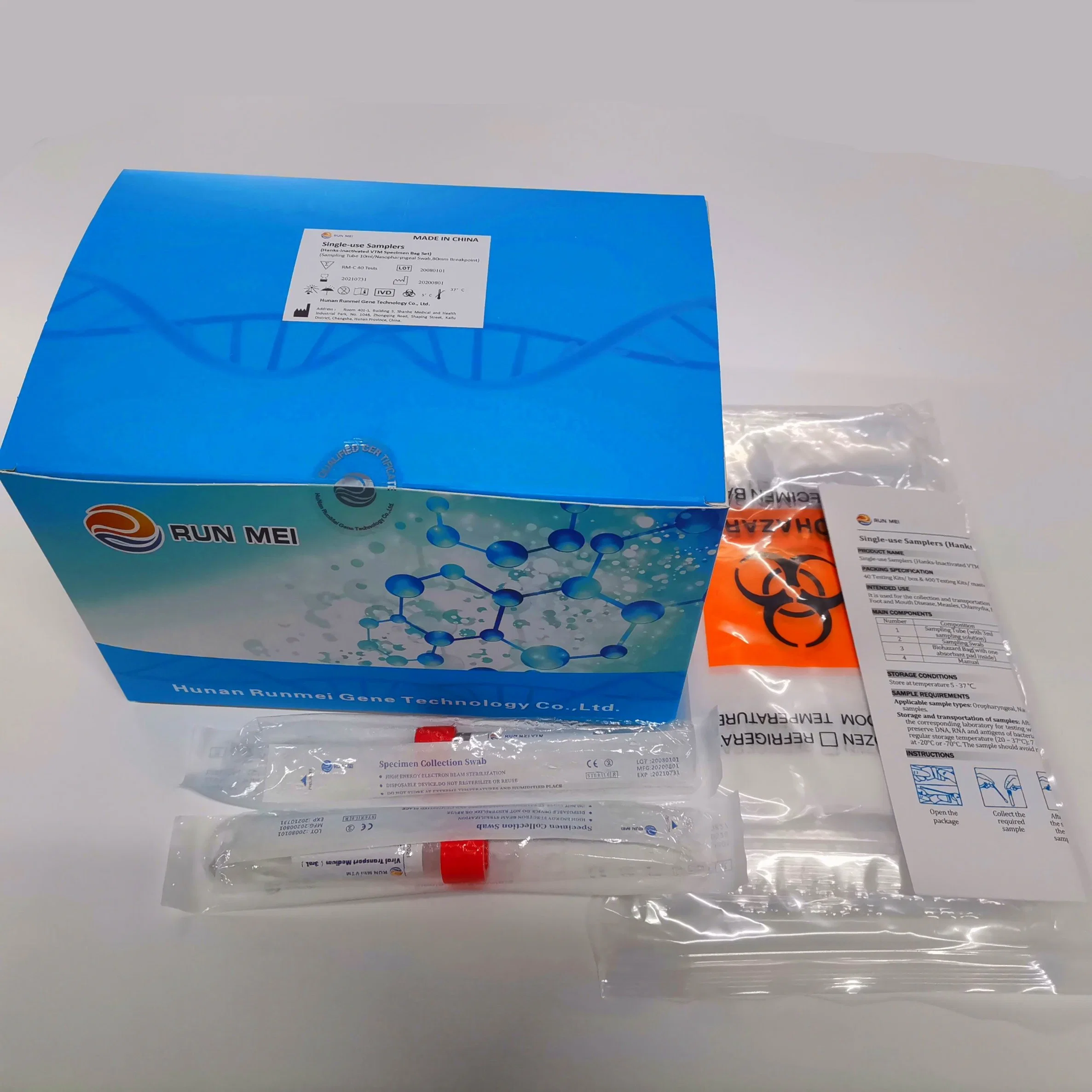 La collecte de spécimens écouvillon coton-tige floqué Fabricant Runmei gène, de diagnostic et de la collecte de spécimens d'écouvillons Single-Use Products