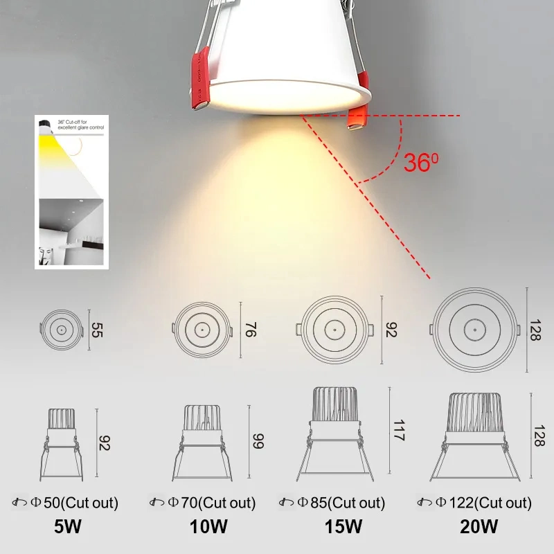 Lámpara de techo de foco antirreflectante COB 5W 10W 20W LED Abajo Luz