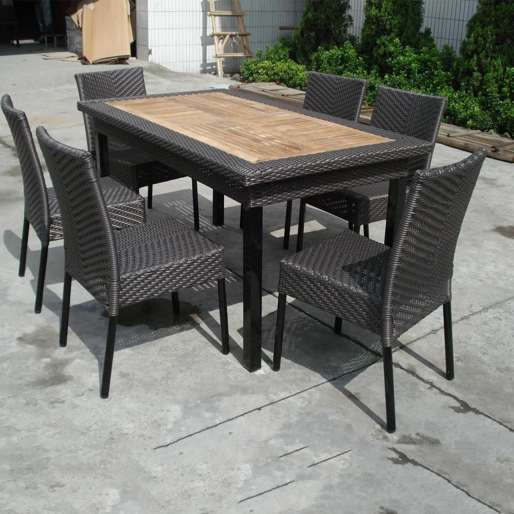 Brown Rattan Dining Set Teak Wood Top Restaurant Furniture