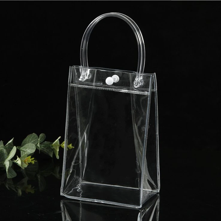 Sac transparent en PVC avec poignée imprimée et logo, idéal pour les cadeaux, les courses, les vêtements et les produits cosmétiques.