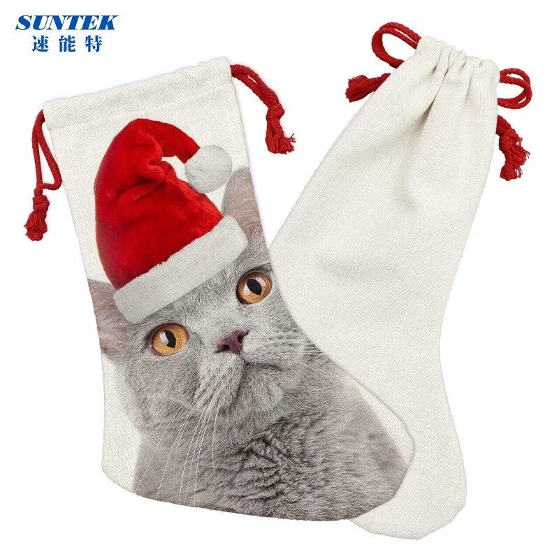 Customized Sublimation Linen Drawstring Christmas Socks Blank DIY Decoration