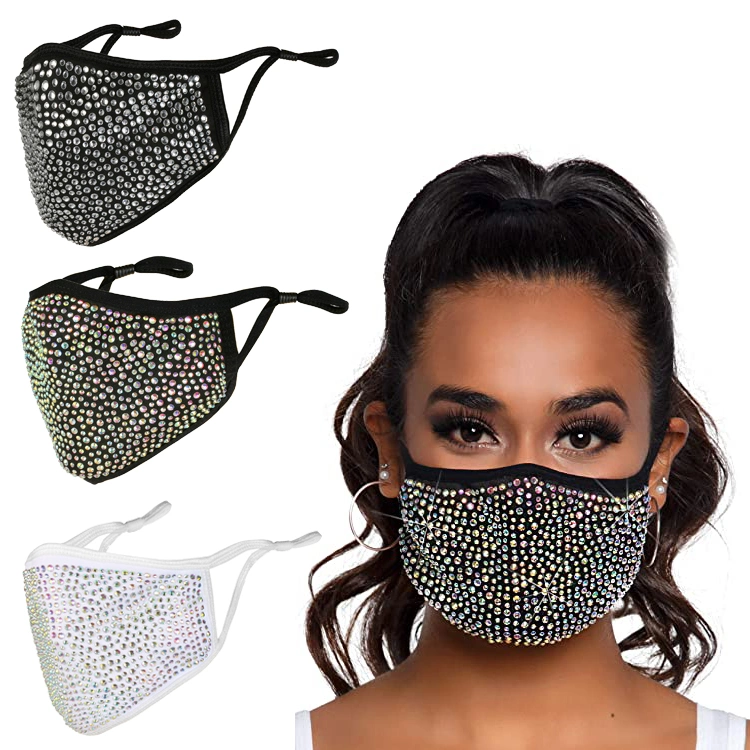 Chiffon de tissu noir Wahable personnalisé de la bouche le nez de la poussière de la mode Masque Bling réutilisables Rhinestone Crystal 2021 Rhinestone masque de ski avec pochette filtre réglable