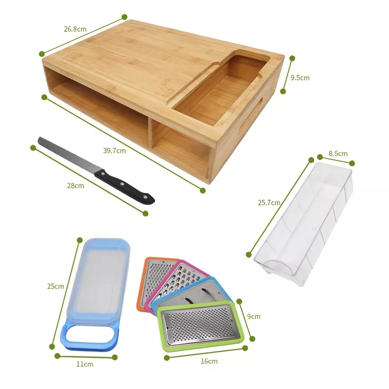 Bamboo Cutting Board with Stackable Container Drawers and Graters