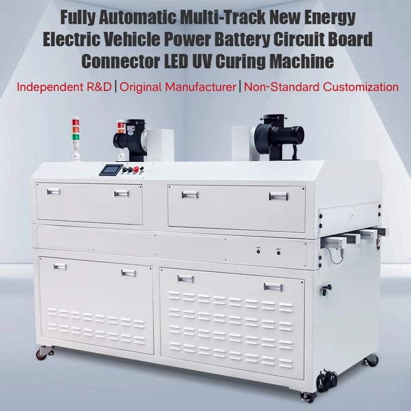 Machine de durcissement UV pour connecteur de carte de circuit imprimé de batterie d'alimentation de véhicule électrique à énergie nouvelle à plusieurs pistes entièrement automatique.