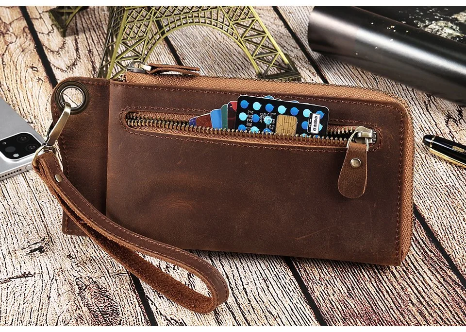 Latest Design Large Capacity Retro Men's Long Wallet Handmade Crazy Horse Leather Clutch Bag