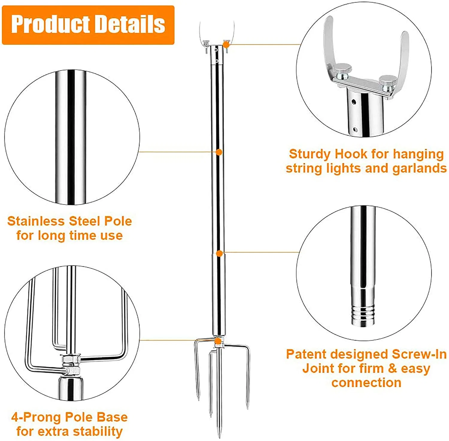 String Light Pole, Stainless Steel Festoon Lantern Pole Shepherd Crook Hook Garland Bracket for Wedding Party Gathering Festivals