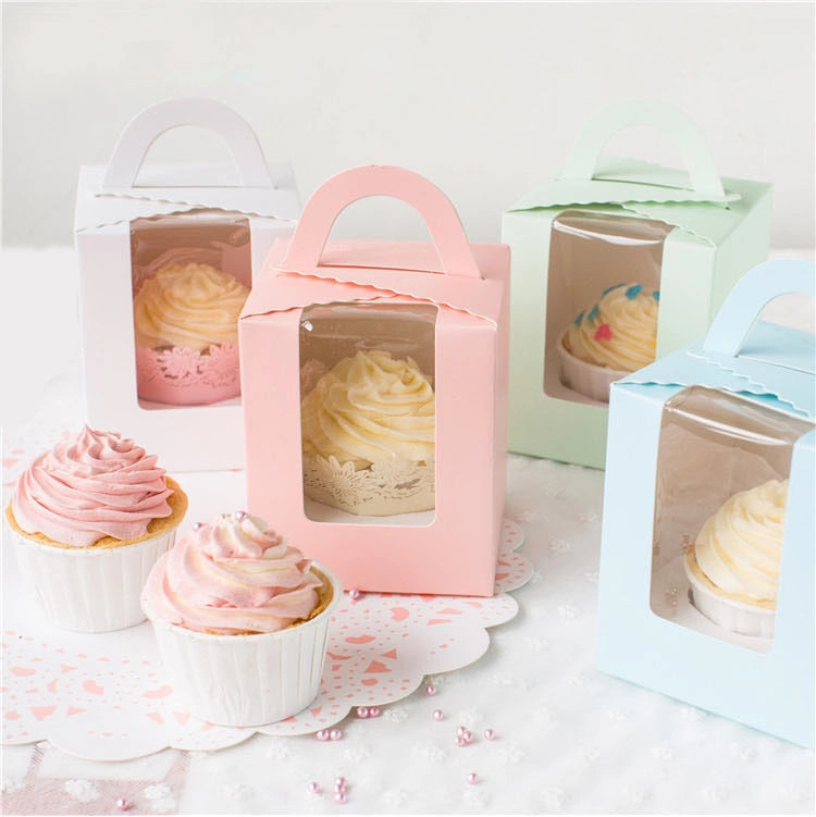 Comercio al por mayor blanco solo contenedores Cupcakes cajas de regalo con ventana inserta manejar