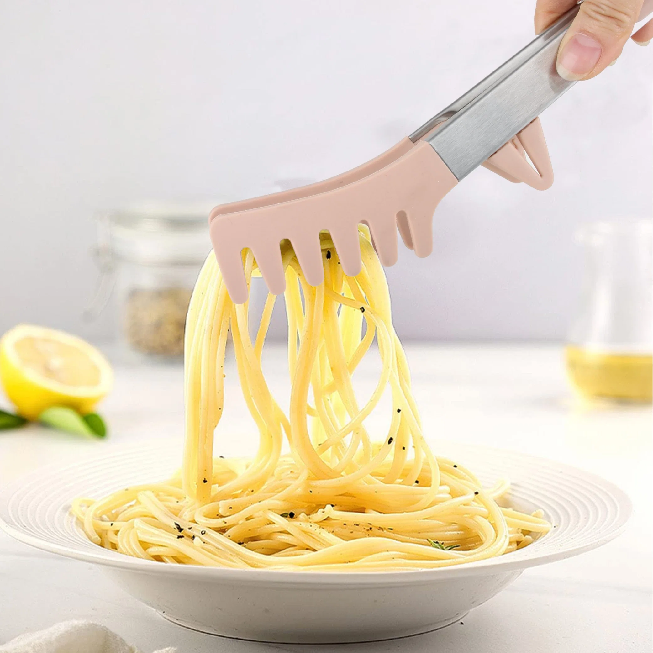 Résistance à la chaleur 9/12 pouces Ensemble d'ustensiles de cuisine avec poignée en acier inoxydable et pince en silicone pour aliments.