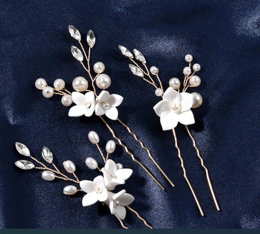 Bridal Wedding Clay Hair Stick Hair Pin. Bridal Rhinestone Porcelain Flower Hair Pin Hair Accessories. Wedding Porcelain Flower Hair Stick Headpiece 3PS/Set