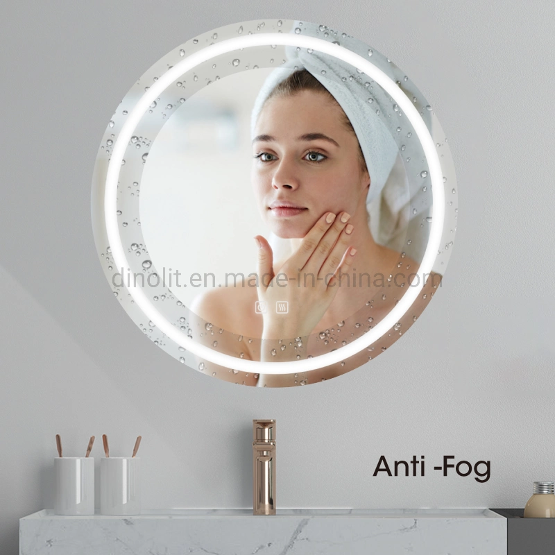 Modern Design Smart Bath Wall Vanity Mirror Waterproofed Bathroom LED Illuminated Glass Dimming Mirror with Shelf Touch Switch CE ETL IP44