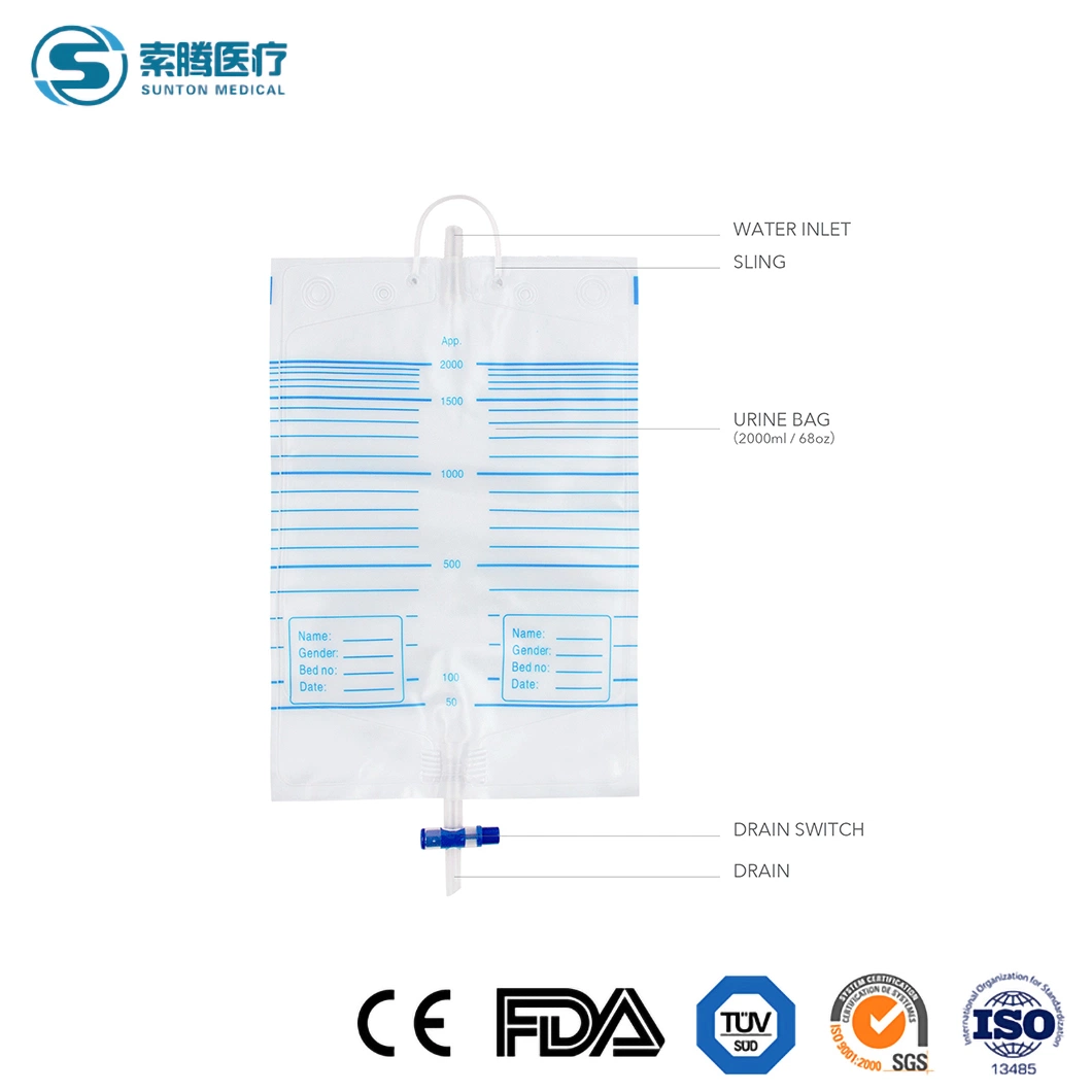 Sunton China Foley Bag Catheter Manufacturers Medical Disposable Sterile Urometer Drainage Bag Urine Meter Urine Bags with Measure Volume Chamber for Adults