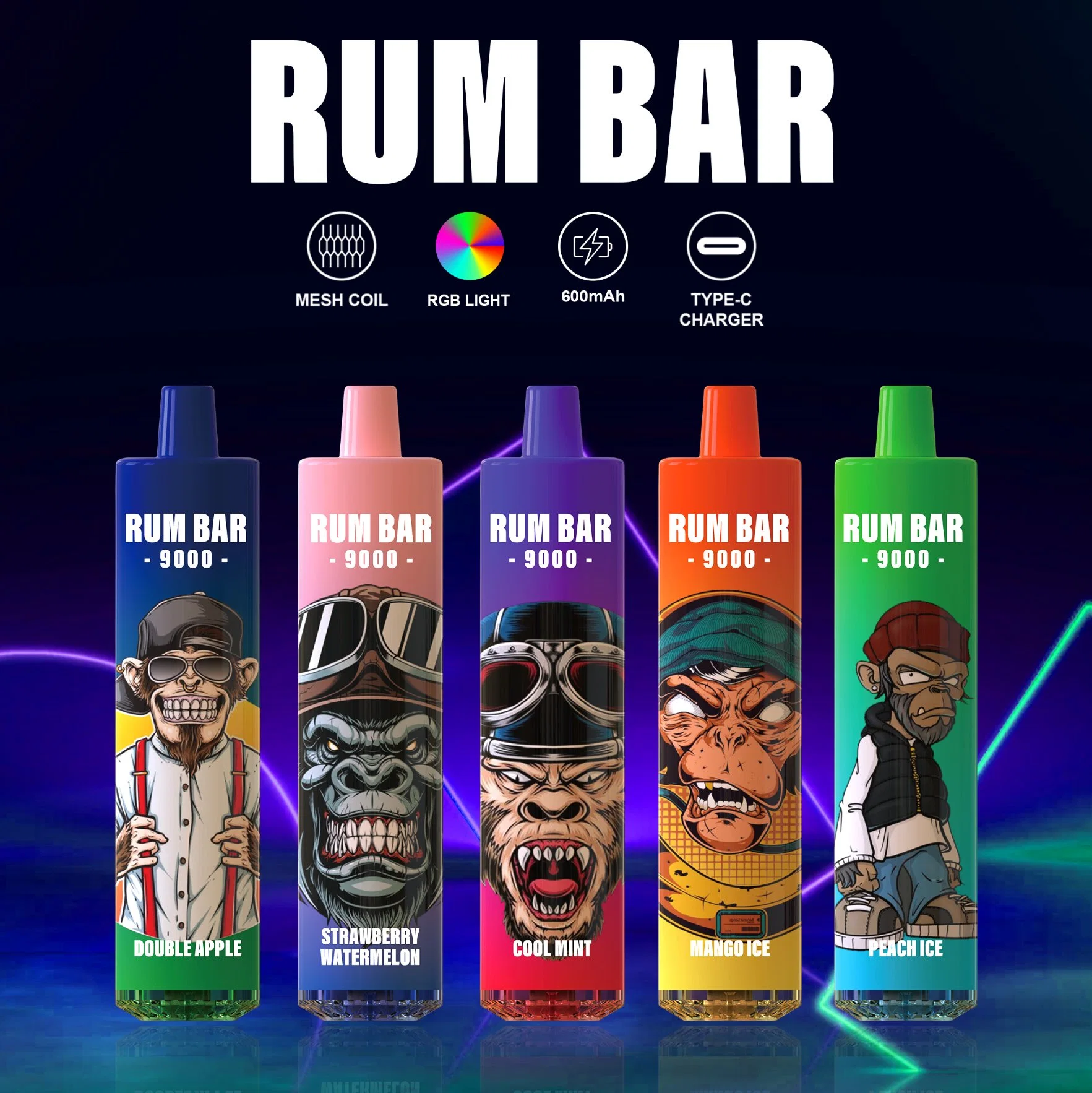 بيع ساخن في Europen Rum Bar 9000 Puffs Randm 9K مع مصباح LED قلم القرد القابل للاستخدام مرة واحدة، Ecig