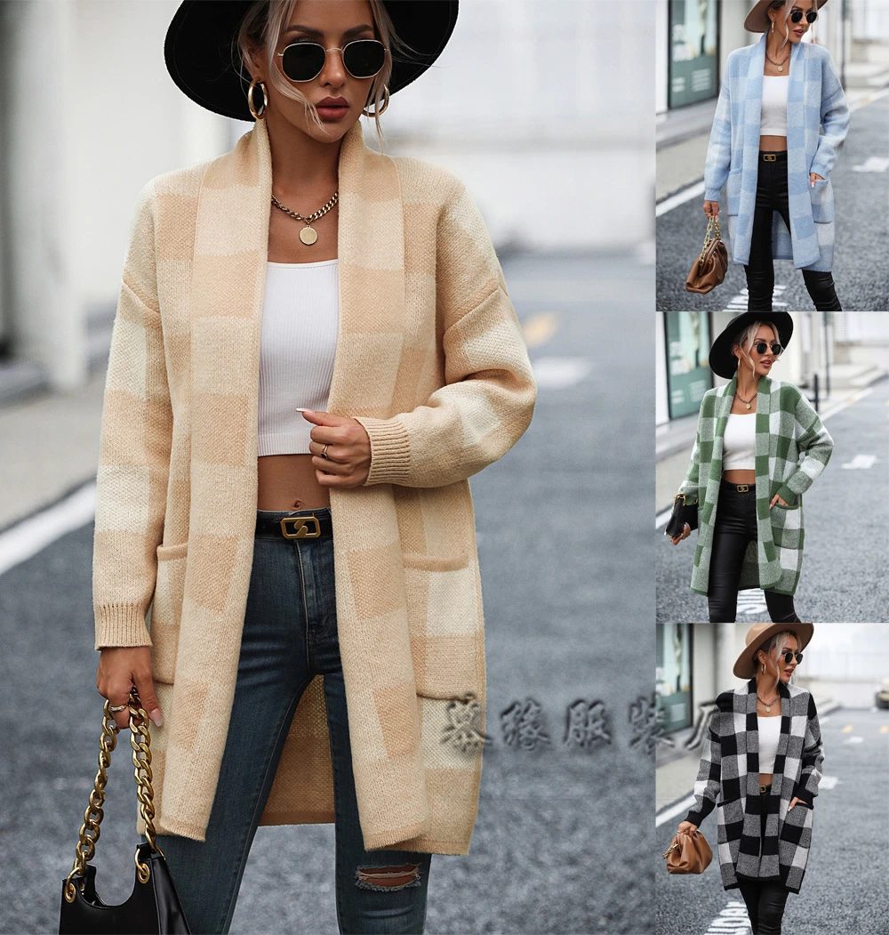 New Woman Coat Loose Plaid Color Knit Cardigan Sweater