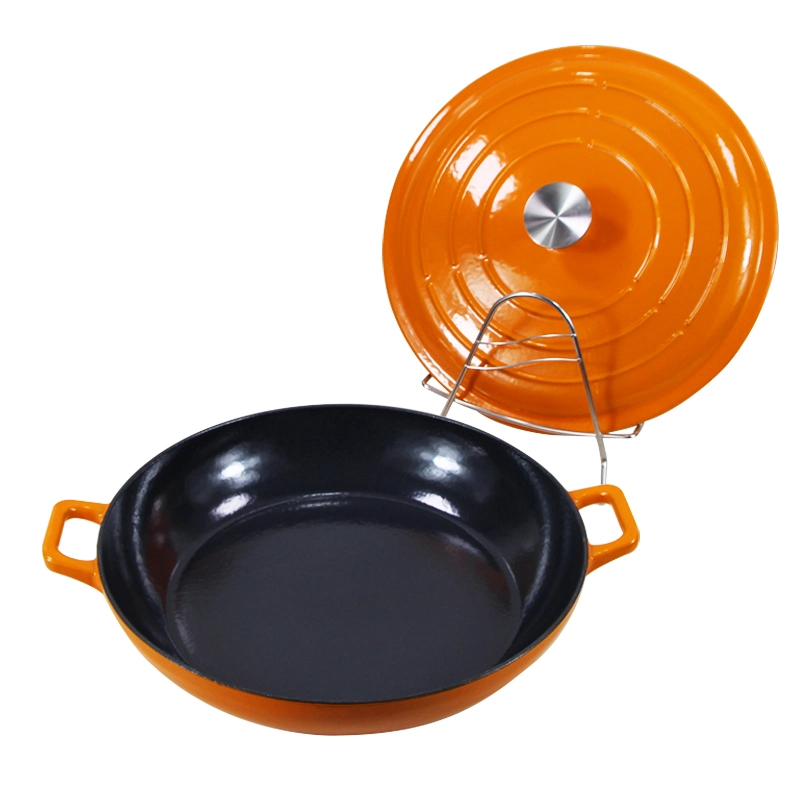 La solución de Amazon 3.8qt superficial de hierro fundido horno holandés Pot mango curvado con doble fondo plano con pomo de acero inoxidable