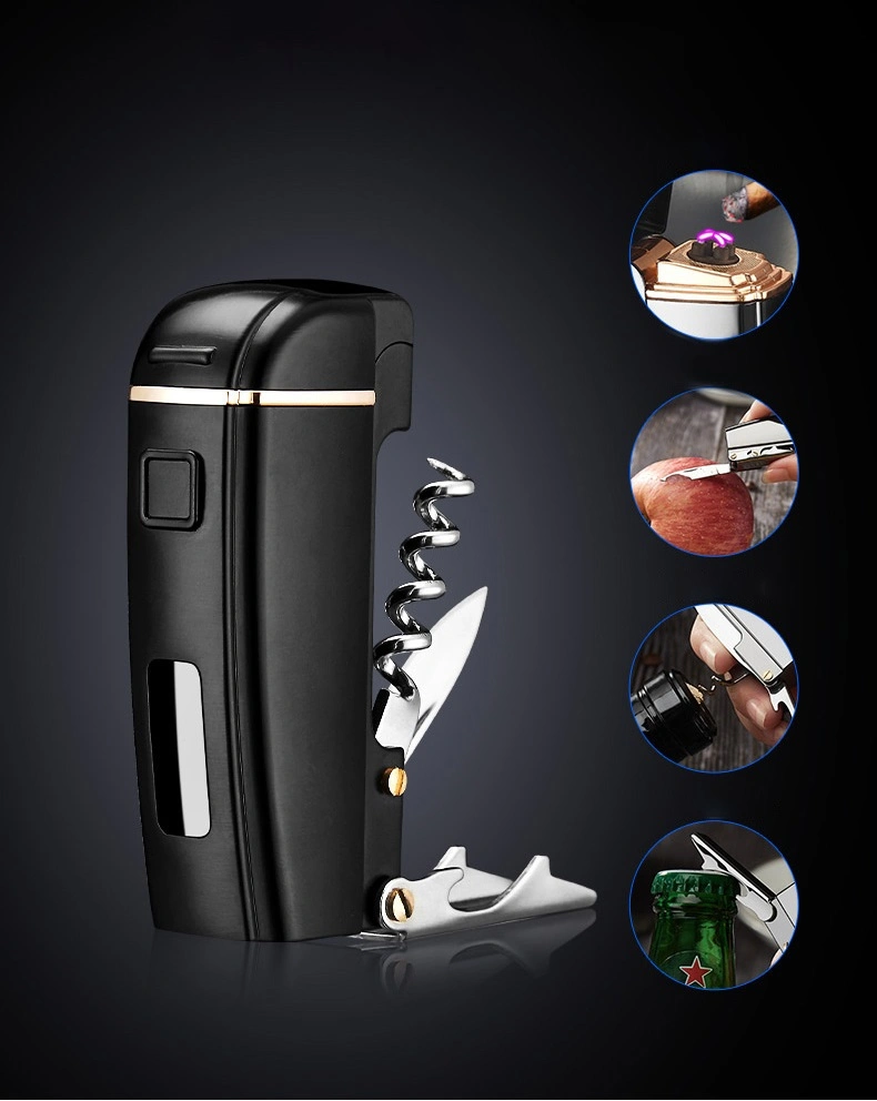 4 in 1 Multi-Function Electronic Lighter with Knife Double Arc Plasma USB Cigar Cigarette Lighter Creative Outdoor Wine Opener Lighter