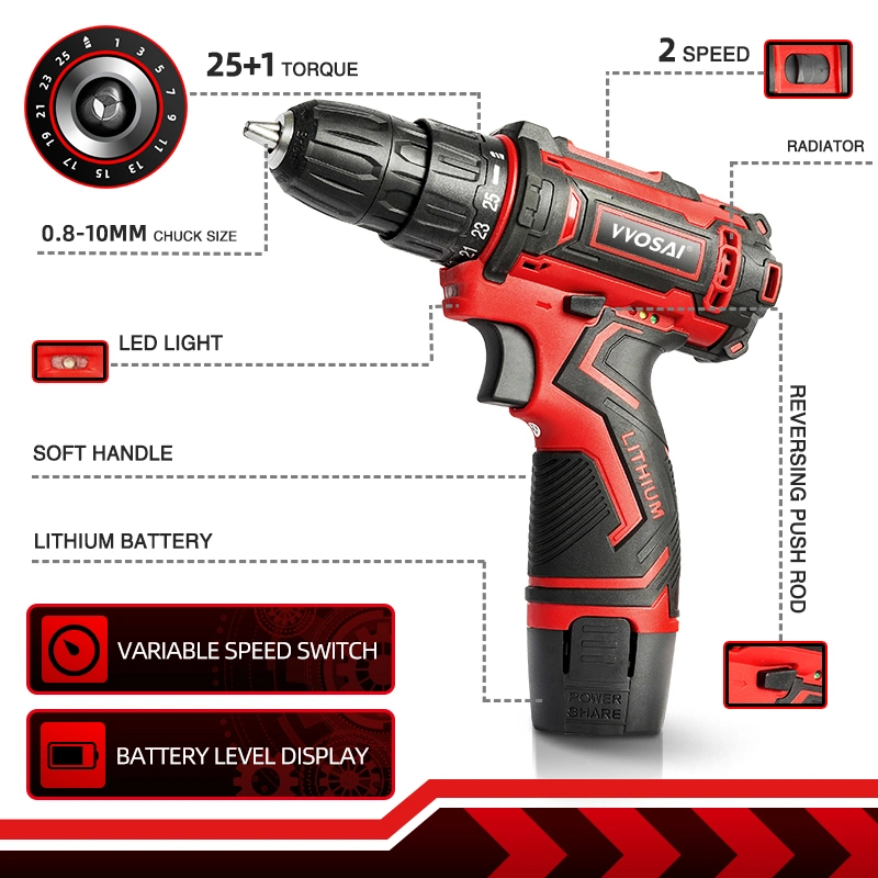 Ready Stock High Quality Vvosai 12V Battery Rechargeable Cordless Drill