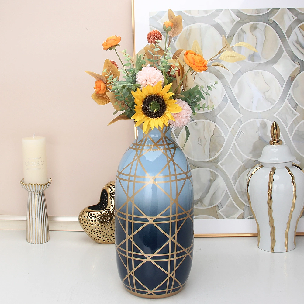 V124 Modern Home Decoration Tabletop Color Gradient Flower Vase Ceramic & Porcelain Blue Vase with Gold Line Design