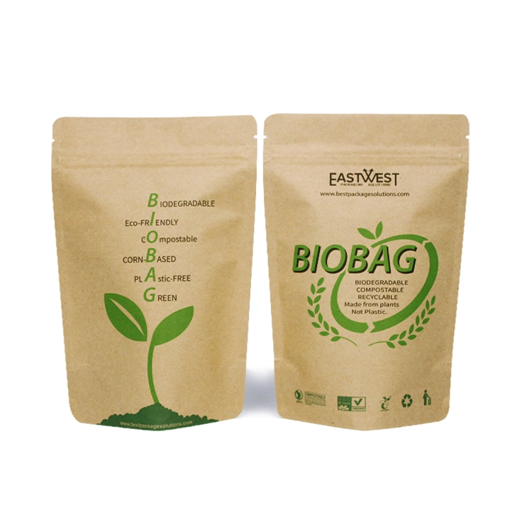 Custom 100% Biodegradable PLA Eco Friendly Compostable Food Grade Snack Standup Kraft Bag Ziplock Zipper Stand up Paper Pouch