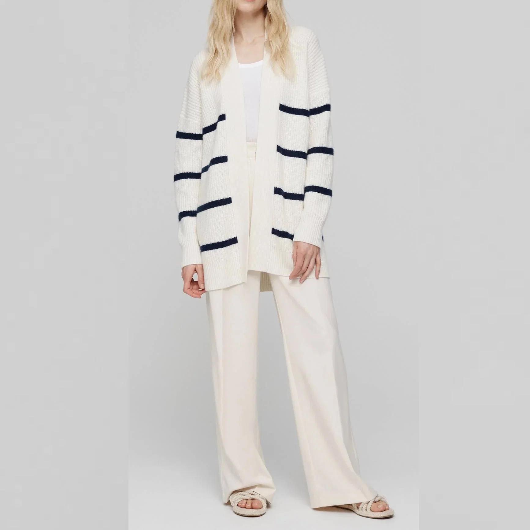 Refined Cashmere Stripe Open-Front Ribbed Cardigan Sweater