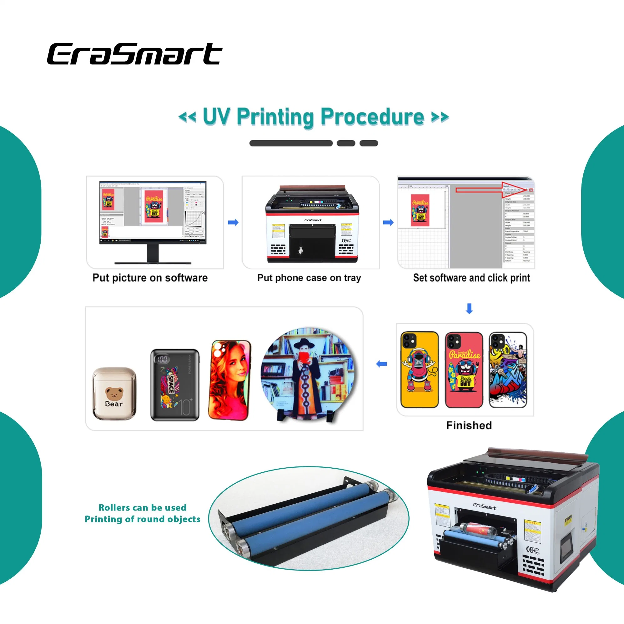 Impresora de inyección de tinta de gran formato Erasmart funda de teléfono máquina de impresión digital Impresora UV plana A3 impresora UV