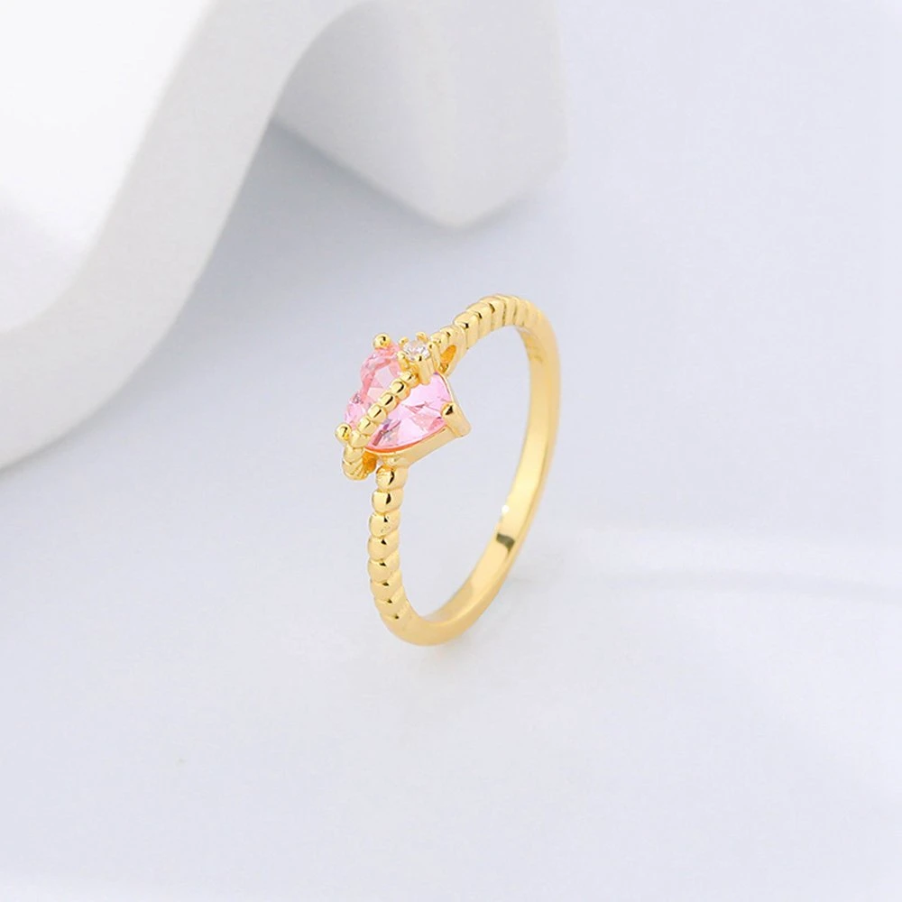 مصنع جوسيى 925 Sterling Silver Gold Plated Pink Zircon Heart لف النسيج المكعب زركونيا حلقات الأصابع الحبّ