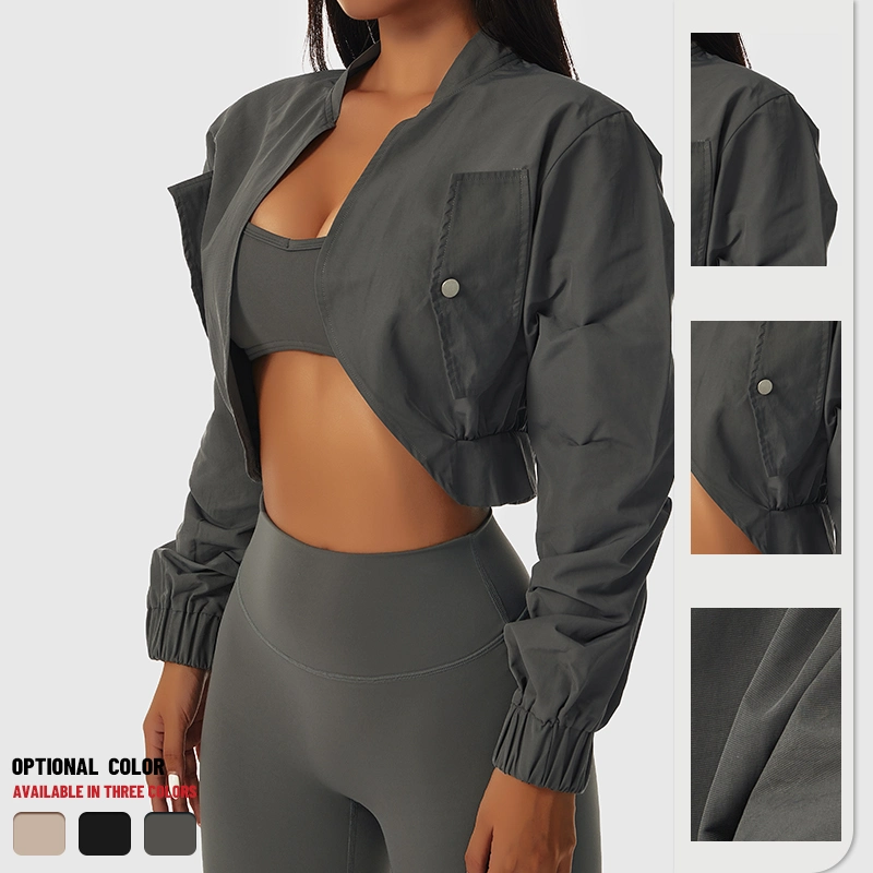 Women Quick-Drying Sports Apparel Long Sleeve Crop Tops Stand-up Collar Causal Gym Fitness Jackets