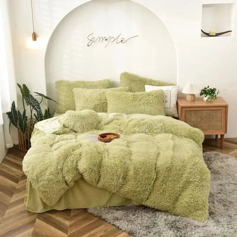 Fábrica Proveedor Plush Fluffy Duvet Luxury Fluffy Duvet funda de edredón Funda de almohada 6pcs juego de sábanas tejido de peluche