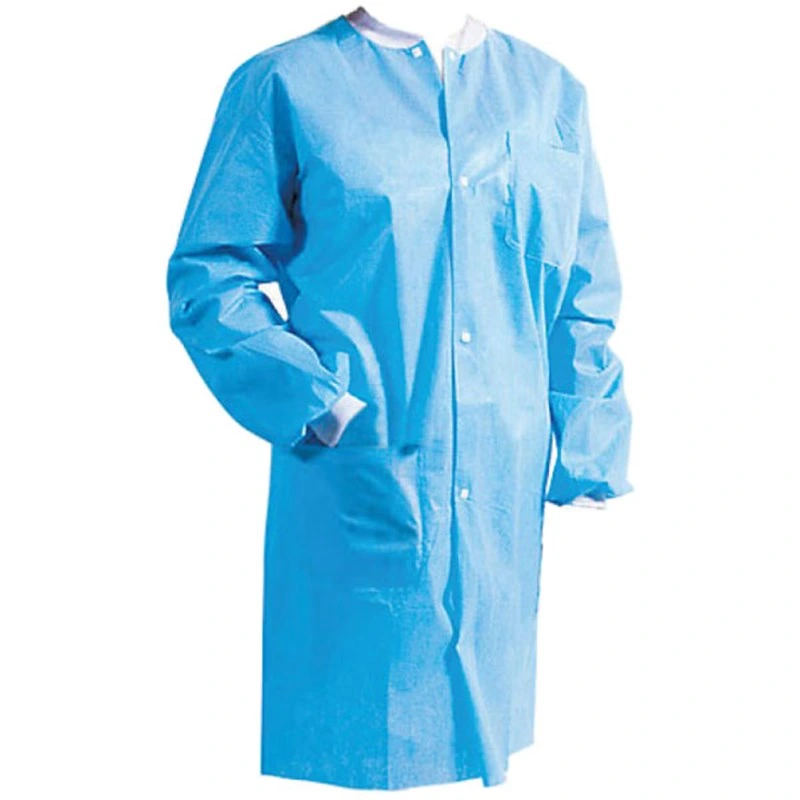 CE/FDA/ISO13489 Laboratory Disposable Garment SMS Non Woven Lab Coat Blue with Knit Collar and Pockets