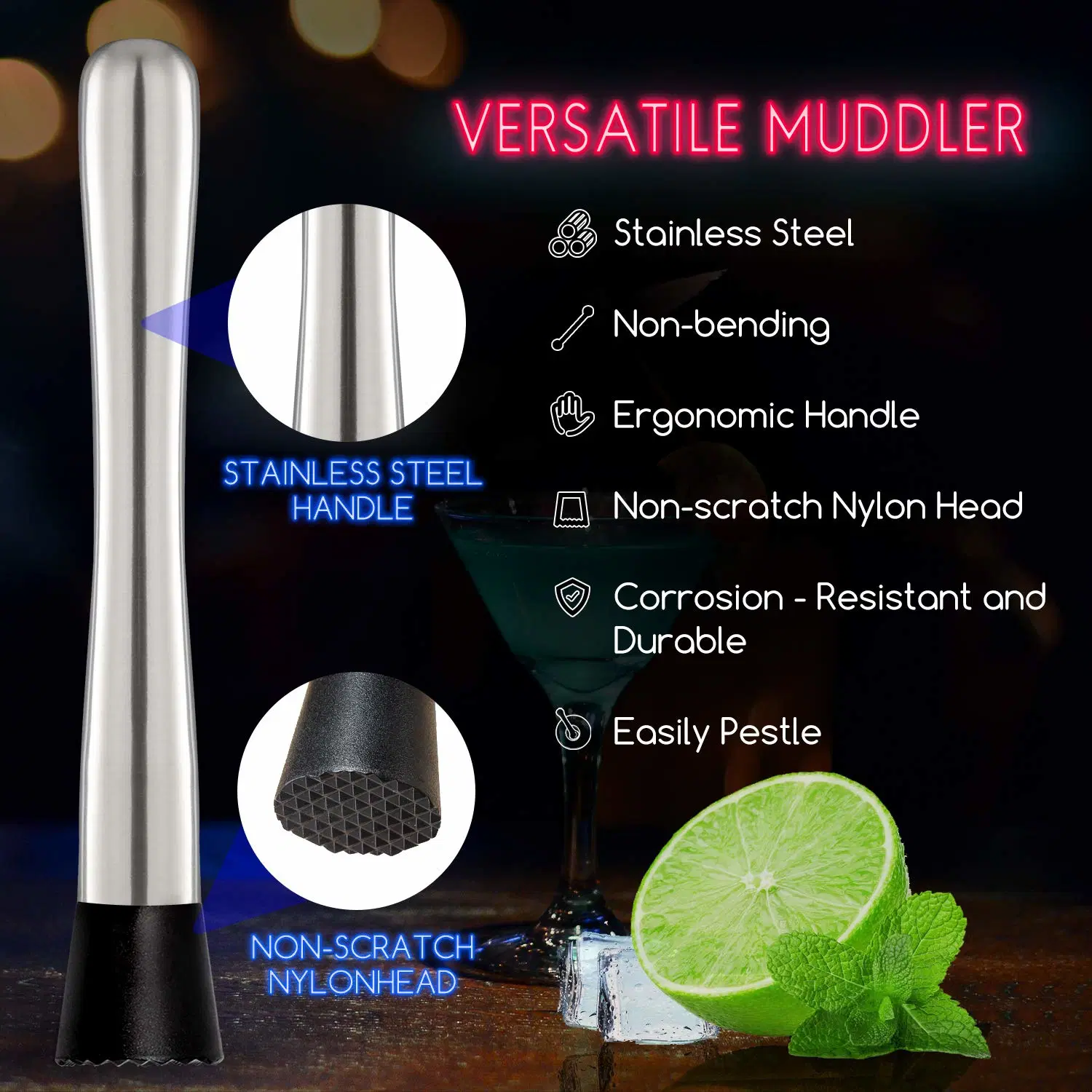 10 Inch Stainless Steel Cocktail Muddler Mixing Spoon Set Create Drinks Muddler