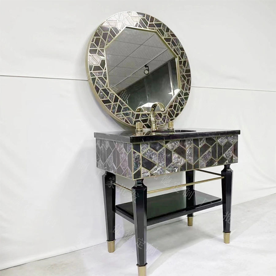 Luxury Brushed Stainless Steel Washstand Marble Rectangular Shape Round Gold Basin and Sink with Mirror