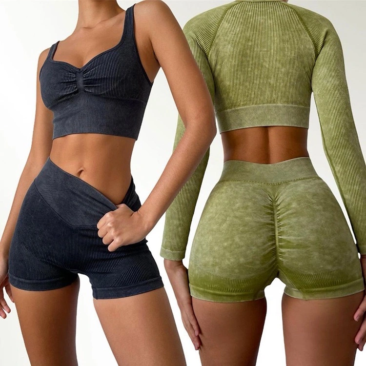 Neue Hot Vintage nahtlose Sportswear für Frauen, 2/3/4/5/6 Stück gerippte Säure gewaschen Gestrickte Activewear-Sets für Lounging, Yoga, Casual Active Outfits Hersteller