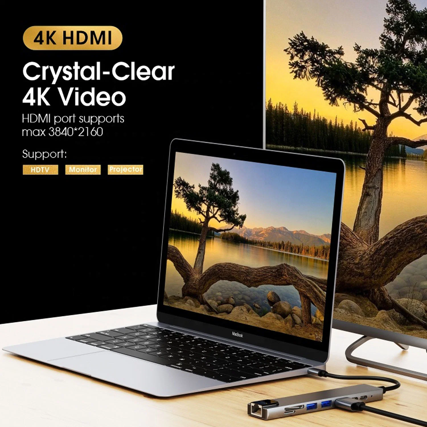 موزع USB C 8 في 1 من النوع C 3.1 إلى مهايئ HDMI بدقة 4K مزود بقارئ بطاقات SD/TF RJ45 المزود بشاشة مسطحة سريعة شحن الكمبيوتر المحمول MacBook