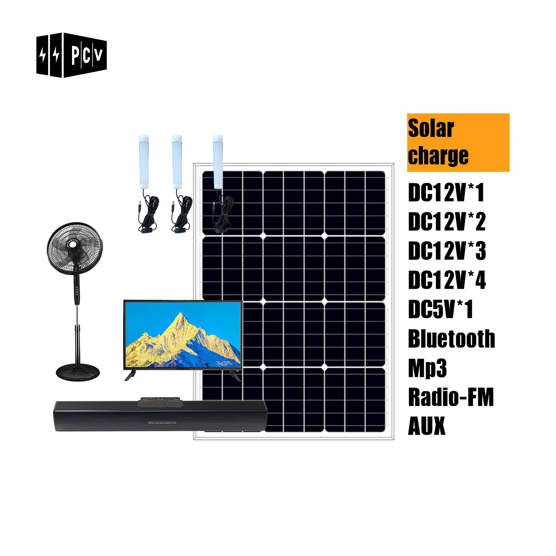 Pcv Sound-Bar Solaire Système TV Sound-Bar Withhifi Qualité en charge Bluetooth, la carte de TF, radio FM, USB, AUX, faible consommation énergétique solaire TV ne coûte que 12 W par heure