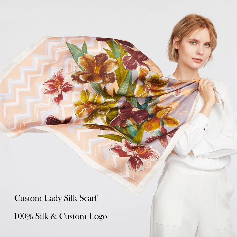 Impressão digital dupla 100% de cachecol de seda com design personalizado enrolado à mão Baixa MOQ