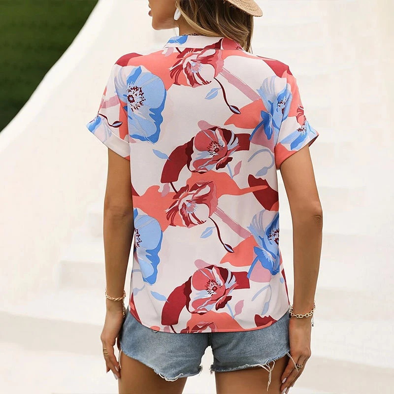 2023 Summer New European and American Cross-Border Women's Fashion V-Neck Color Painted Print Short Sleeve Loose Large Size Shirt