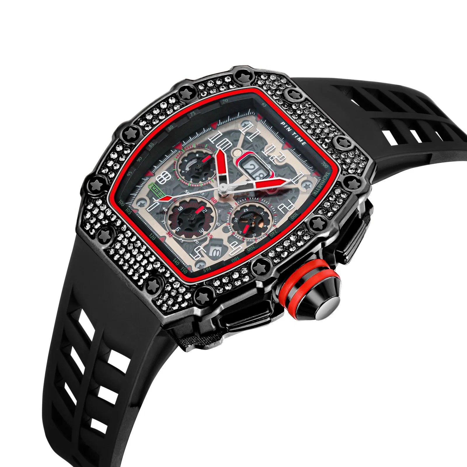 Fashion Jewelry Sports Silicon Watch Band Diamond Barrel Bling Bling Men Quartz Watches