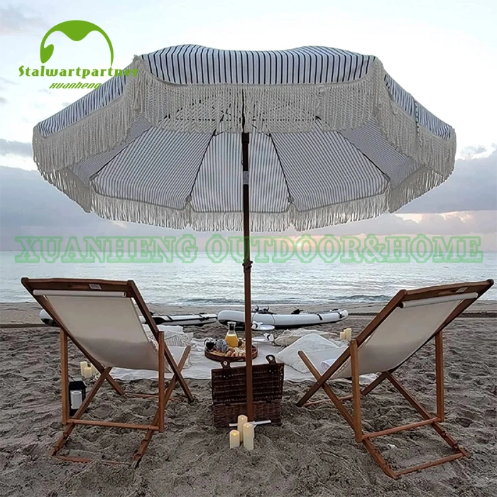 Factory Outlet Portable Luxury Custom 8FT Vintage Windproof Wooden Shaft Boho Canvas Fringed Sun Outdoor Parasols Beach Umbrellas with Tassels