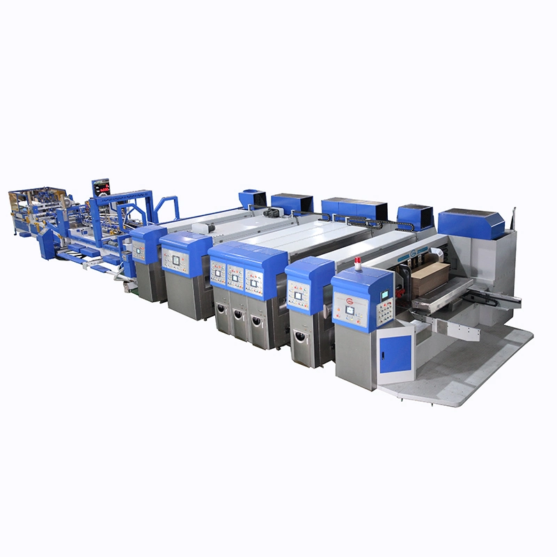 Machine de fabrication de boîtes en carton ondulé avec impression flexographique automatisée, découpe, rainage et pliage-collage.