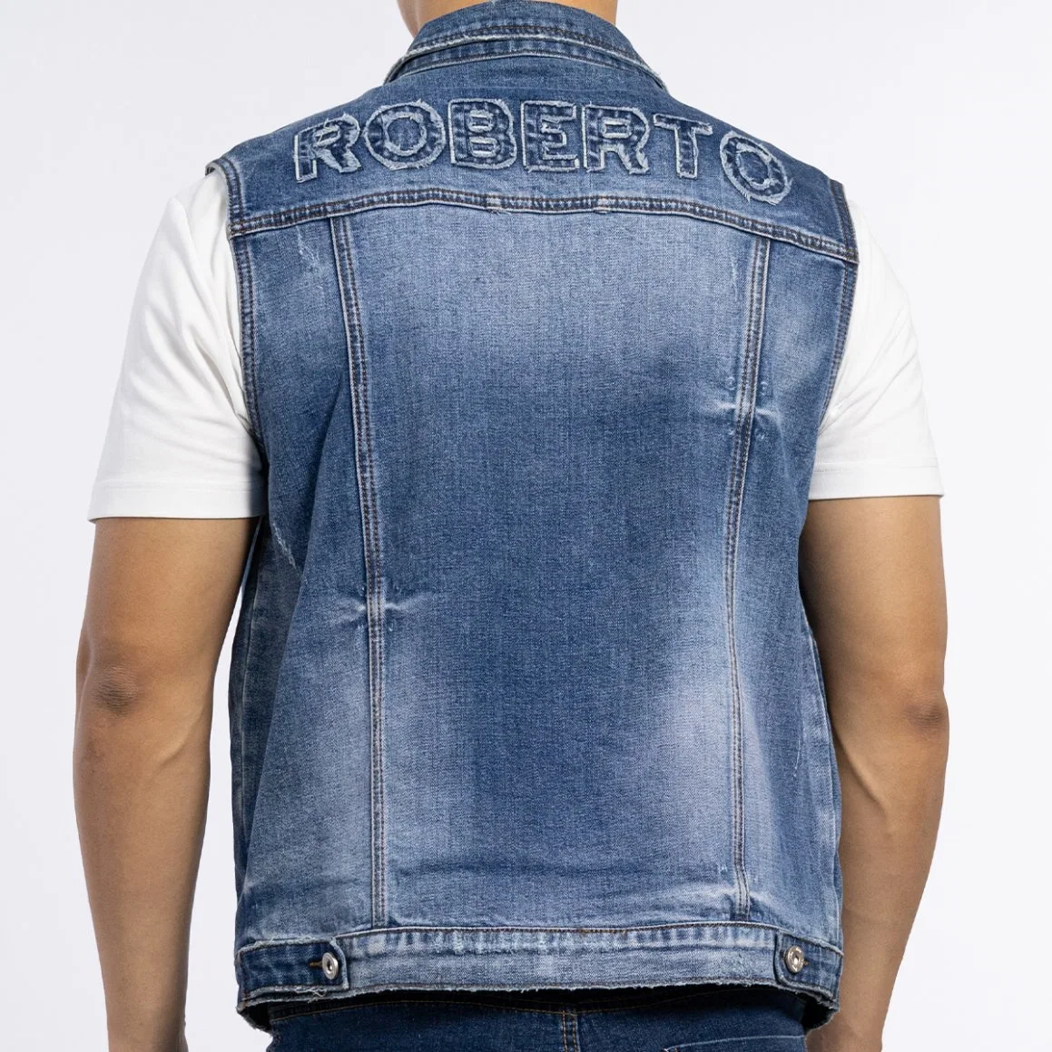 Custom Fashion Collar Down Embroidery Back Vest Pocket Men Sleeveless Denim Jacket